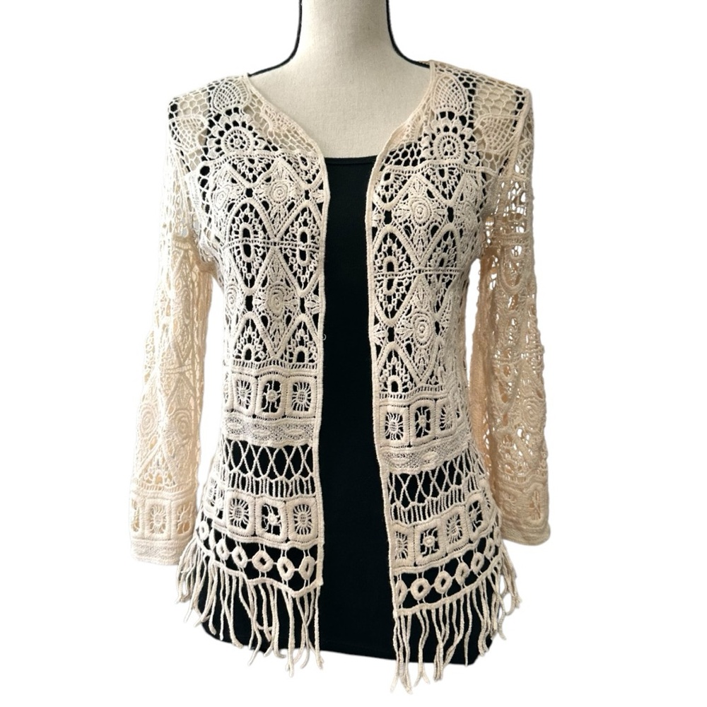 🩷Ruff Hewn Crocheted Open Cardigan with Fringe